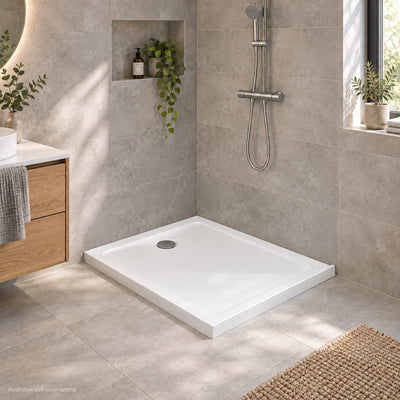 Doros F White Shower Tray in a modern bathroom without shower glass – illustrative in-room view