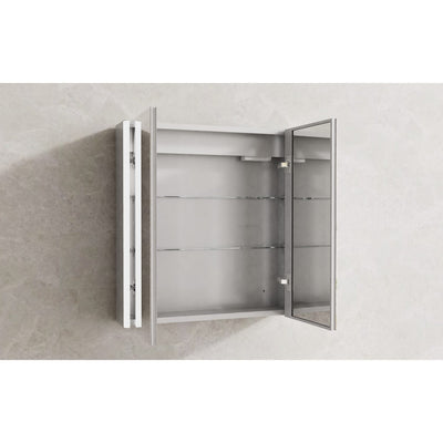Beau Double Door LED Mirror Cabinet with Side Light Strips – doors open showing internal shelves