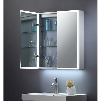 Bethany Double Door LED Mirror Cabinet with Illuminated Surround – doors open showing internal shelves