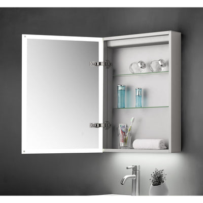 Ella Single Door LED Mirror Cabinet with Illuminated Surround – door open showing internal shelves