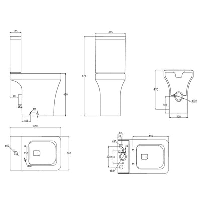 Savona Rimless Close Coupled Toilet – Square (Comfort Height 49.5cm) dimensions