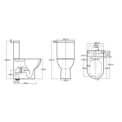 Tornio Rimless Close Coupled Toilet – Closed Back D-Shape (Comfort Height 50.5cm) dimensions