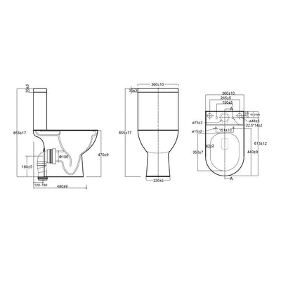Tornio Rimless Close Coupled Toilet – Open Back D-Shape (Comfort Height 50.5cm) dimensions