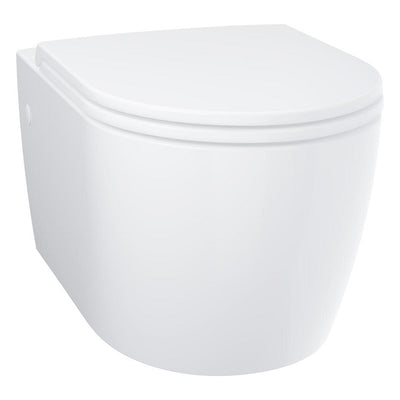GROHE Bau Ceramic Wall-Hung WC Set in alpine white - angled front view with the soft-close seat closed