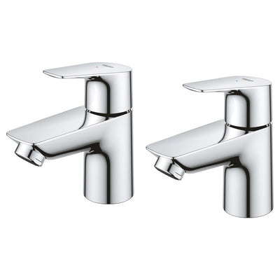 GROHE BauEdge Basin Pillar Tap in chrome - matching hot and cold pair shown side by side