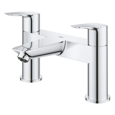 GROHE BauEdge Two-Handle Bath Filler in chrome - angled view of the deck-mounted spout and both lever handles