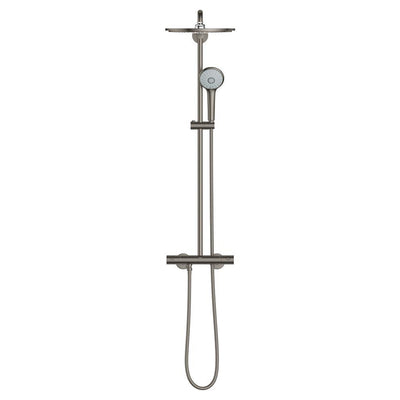 GROHE Euphoria System 310 thermostatic shower system in Anthracite, straight-on front view of the round rain head on its rigid riser, the hand shower with a pale spray face on its slider and the thermostat bar with a looped hose.