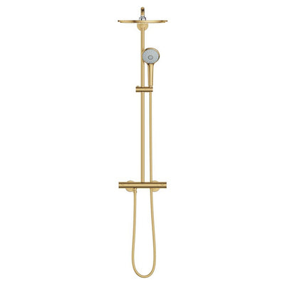 GROHE Euphoria System 310 thermostatic shower system in Brushed Gold, straight-on view of the round rain head, hand shower on the sliding rail and the thermostat bar with two handles