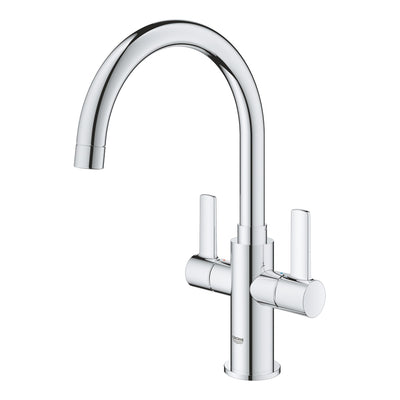 GROHE Eurosmart Two-Handle Sink Mixer in chrome - three-quarter view showing the swivel C-spout and both lever handles
