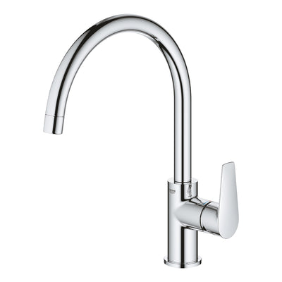 GROHE BauEdge Single-Lever Sink Mixer in chrome - angled view of the high C-shaped swivel spout and side lever