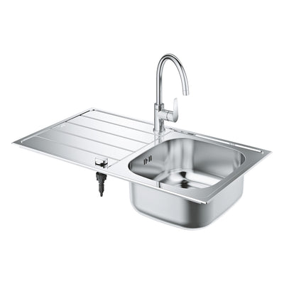 GROHE K200 stainless steel sink and Bau tap bundle installed in a kitchen worktop