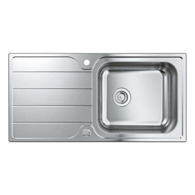 GROHE K500 stainless steel sink - overhead view of the single bowl, grooved left-hand drainer and tap hole