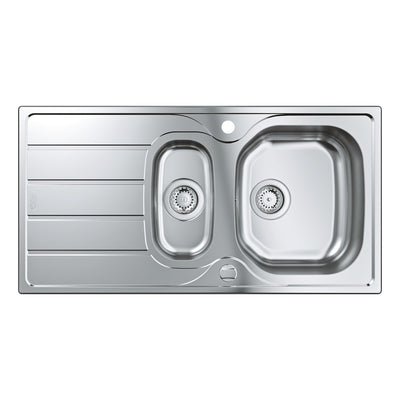 GROHE K200 Stainless Steel 1.5 Bowl Sink with Drainer - overhead view of the main bowl, half bowl, ribbed drainer and single tap hole