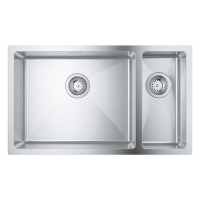 GROHE K700U 80-S undermount sink in stainless steel - overhead view of the 1.5 bowl layout with the main bowl on the left