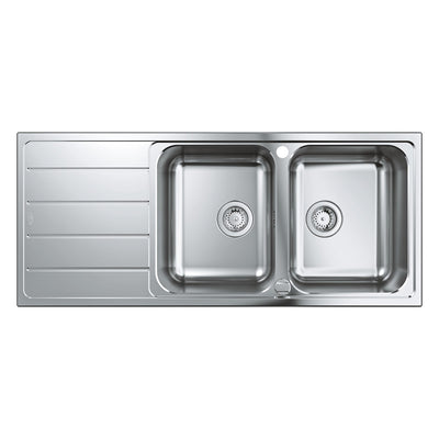GROHE K500 Stainless Steel Double Bowl Sink with Drainer - overhead view of both bowls, wastes and the ribbed left-hand drainer