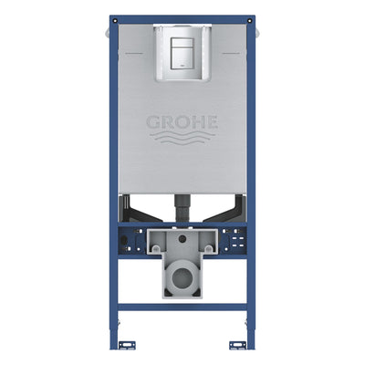 GROHE Rapid SLX 3-in-1 wall-hung WC set with chrome flush plate - frame and cistern shown in an installed cutaway view