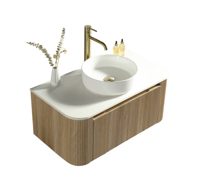 Flauto Fluted Curve Corner Vanity with Sintered Stone Counter Top - Country Oak - 870mm