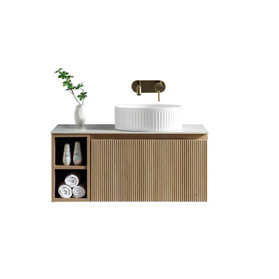 Flauto 800mm Wall Hung Vanity with Side Storage & Sintered Stone Counter Top - Country Oak - Right Hand