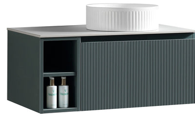 Flauto 800mm Wall Hung Vanity with Side Storage & Sintered Stone Counter Top - Smoked Sage - Right Hand