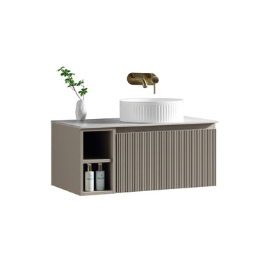 Flauto 800mm Wall Hung Vanity with Side Storage & Sintered Stone Counter Top - Soft Coffee - Right Hand