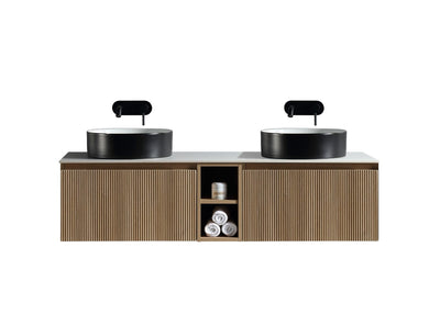 Flauto 1400mm Wall Hung Double Vanity with Storage Box & Sintered Stone Counter Top - Country Oak - 1400mm