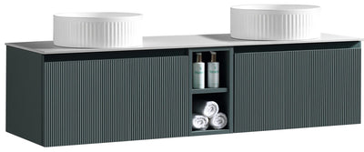 Flauto 1400mm Wall Hung Double Vanity with Storage Box & Sintered Stone Counter Top - Smoked Sage - 1400mm