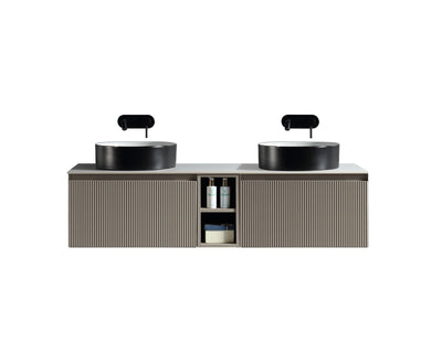 Flauto 1400mm Wall Hung Double Vanity with Storage Box & Sintered Stone Counter Top - Soft Coffee - 1400mm