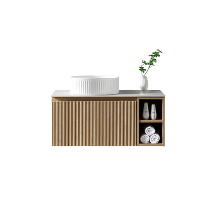 Flauto 800mm Wall Hung Vanity with Side Storage & Sintered Stone Counter Top - Country Oak - Left Hand
