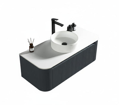 Flauto Fluted Curve Corner Vanity with Sintered Stone Counter Top - Midnight Shadow - 1070mm