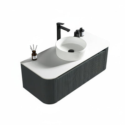 Flauto Fluted Curve Corner Vanity with Sintered Stone Counter Top - Smoked Sage - 1070mm