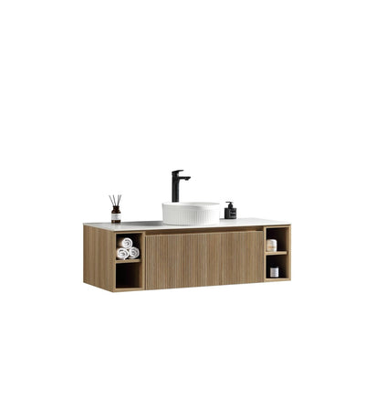 Flauto Wall Hung Vanity with 2 Side Storage & Sintered Stone Counter Top - Country Oak - 1200mm