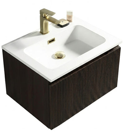 Flauto Fluted Wall Hung Vanity & Matte Basin - Espresso Oak - 600mm