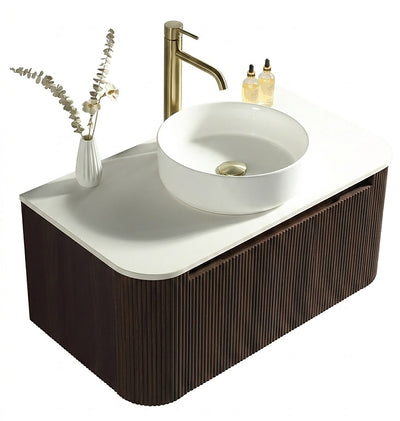 Flauto Fluted Curve Corner Vanity with Sintered Stone Counter Top - Espresso Oak - 870mm