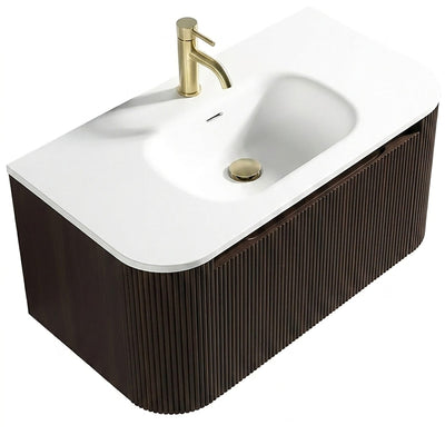 Flauto Wall Hung Curve Corner Vanity & Matte Basin - Espresso Oak - 870mm