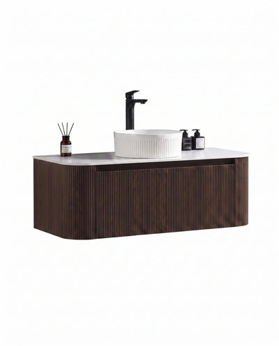 Flauto Fluted Curve Corner Vanity with Sintered Stone Counter Top - Espresso Oak - 1070mm