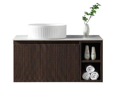 Flauto 800mm Wall Hung Vanity with Side Storage & Sintered Stone Counter Top - Espresso Oak - Left Hand