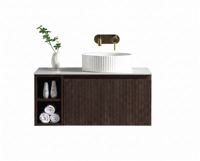 Flauto 800mm Wall Hung Vanity with Side Storage & Sintered Stone Counter Top - Espresso Oak - Right Hand