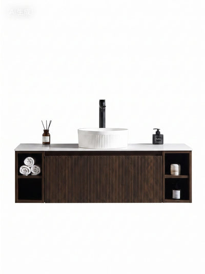 Flauto Wall Hung Vanity with 2 Side Storage & Sintered Stone Counter Top - Espresso Oak - 1200mm