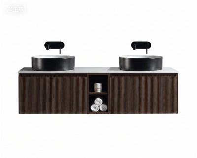 Flauto 1400mm Wall Hung Double Vanity with Storage Box & Sintered Stone Counter Top - Espresso Oak - 1400mm