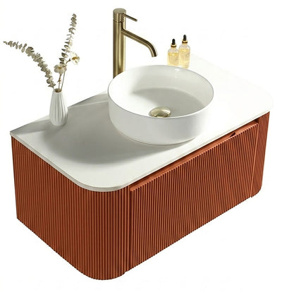 Flauto Fluted Curve Corner Vanity with Sintered Stone Counter Top - Bruciata Orange - 870mm