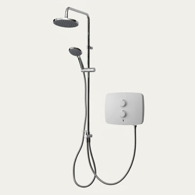 An electric shower bundle featuring a modern white box control unit with two white dial controls, connected by flexible stainless-steel hoses to a chrome riser rail equipped with both a fixed overhead rain shower head and a secondary handheld showerhead