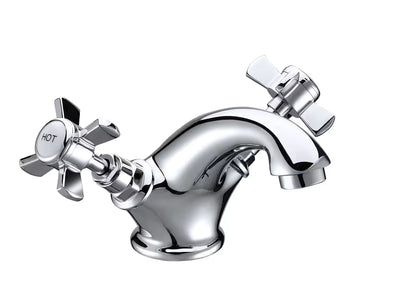 Cashel basin mixer tap in chrome with twin cross-head handles and curved spout