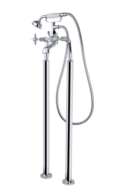 Cashel freestanding bath shower mixer in chrome on twin standpipes with telephone shower handset