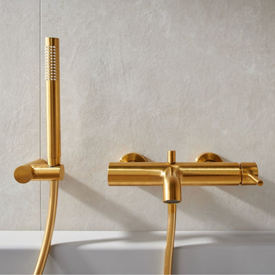 Moza Wall-Mounted Bath Mixer with Shower Set — Brushed Gold