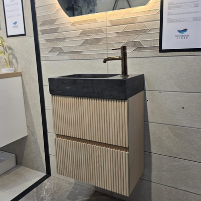 Ex Display Short Projection Cabinet with Front Stripes Natural Stone Basin 50cm x 30cm