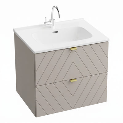 Modern grey geometric patterned floating vanity unit with gold handles and a white ceramic basin with chrome faucet