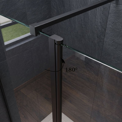 Close-up of the black 180 degree hinge and support bar on a 350mm shower flipper panel