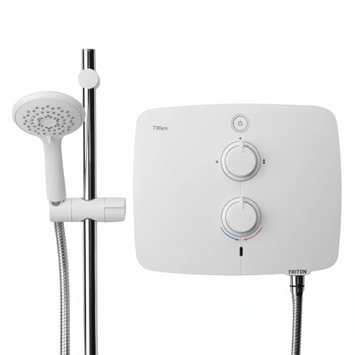 Front-view product photo of a white Triton T90SR electric shower casing with dual control dials, connected to a flexible hose, adjustable chrome riser rail, and multi-mode white shower head.   