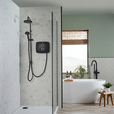 Product shot of a matte black dual-headed shower system installed in a modern bathroom that also includes a freestanding tub and a scenic window view