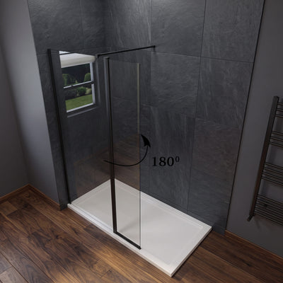 350mm black shower flipper panel fitted to a walk-in wetroom screen, showing the 180 degree hinge